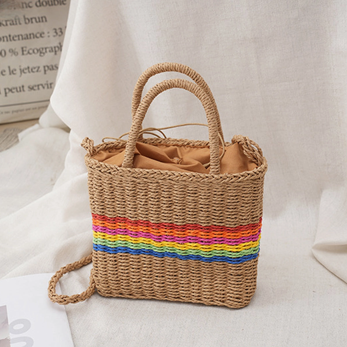 Paper Woven Organizer Bag With Drawstring Tote Shoulder Bag