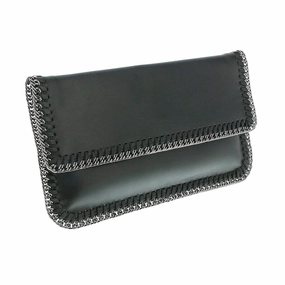 Pierre Cardin Black Leather Medium Enveloppe Curb Chain Embelished Clutch for womens