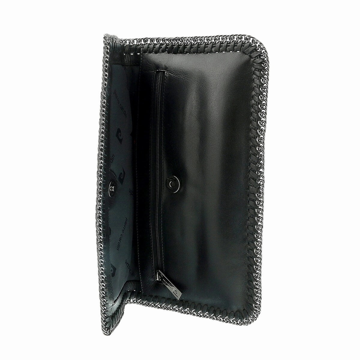 Pierre Cardin Black Leather Medium Enveloppe Curb Chain Embelished Clutch for womens