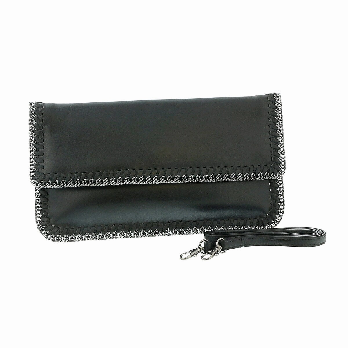 Pierre Cardin Black Leather Medium Enveloppe Curb Chain Embelished Clutch for womens