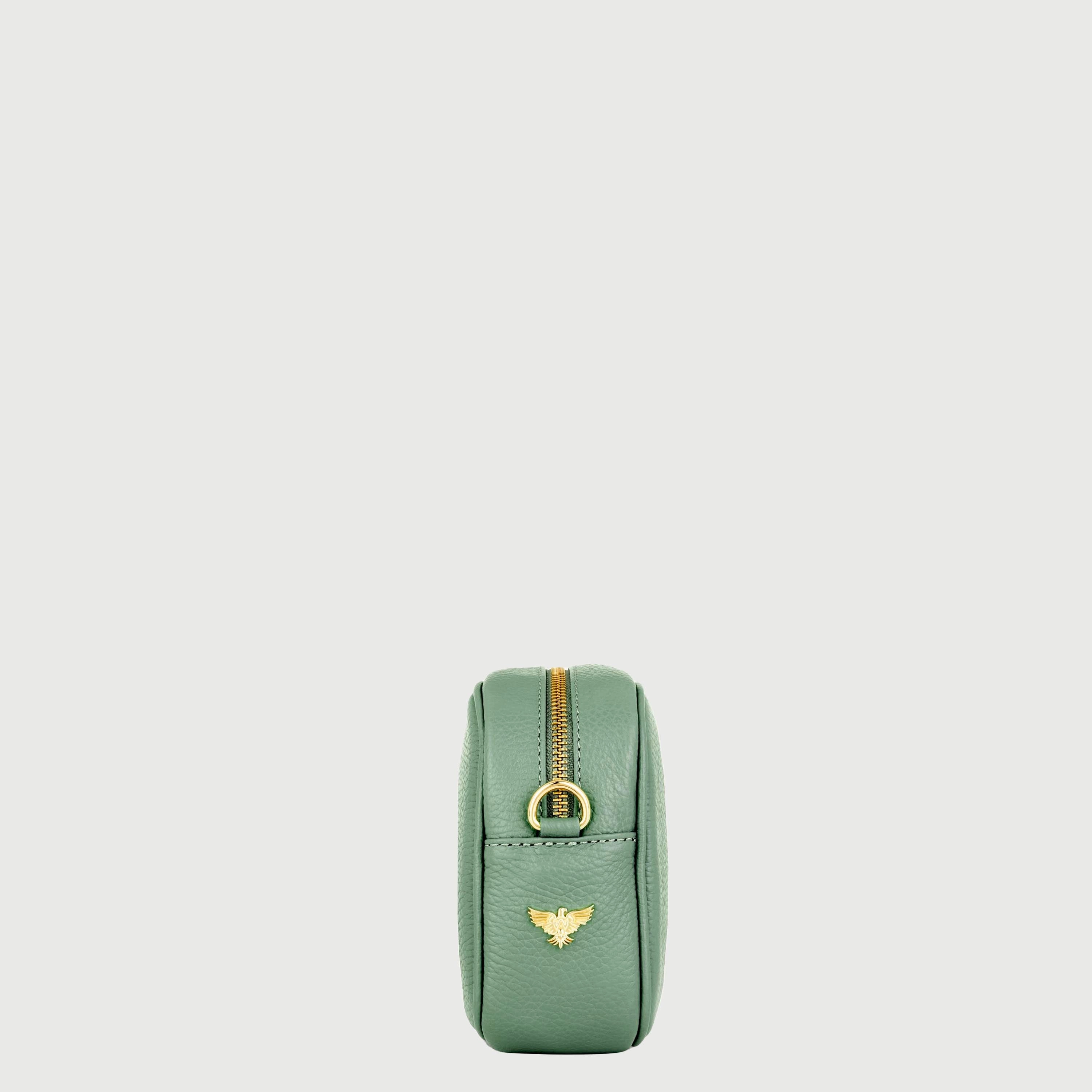 Pistachio Leather Crossbody Bag With Orange & Gold Stripe Camo Strap