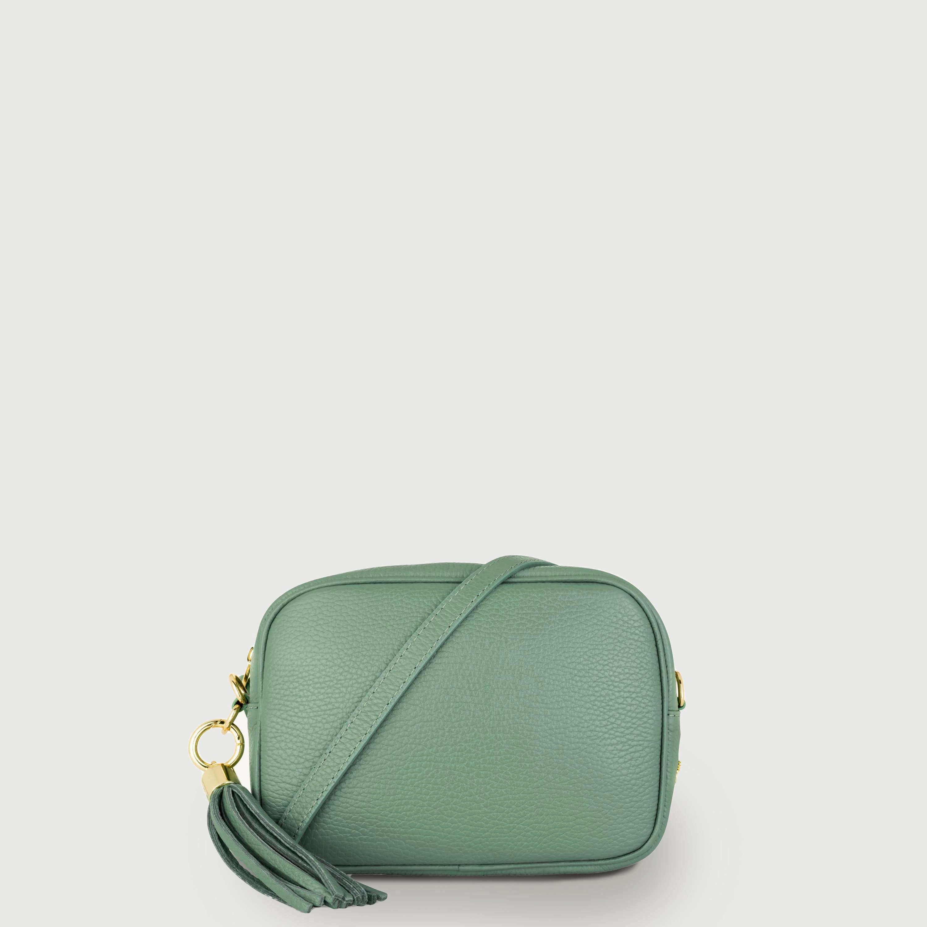 Pistachio Leather Crossbody Bag With Orange & Gold Stripe Camo Strap