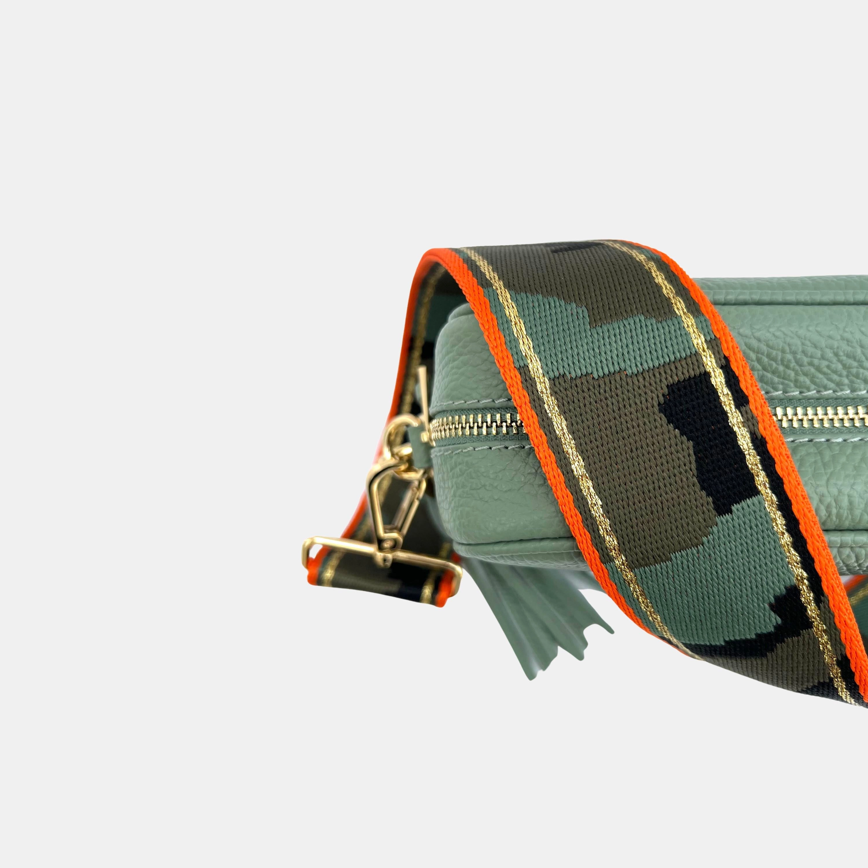Pistachio Leather Crossbody Bag With Orange & Gold Stripe Camo Strap