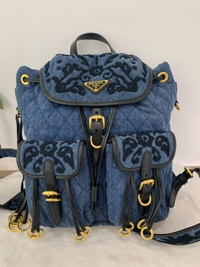 Prada Denim Embroidered Backpack Blue Leather