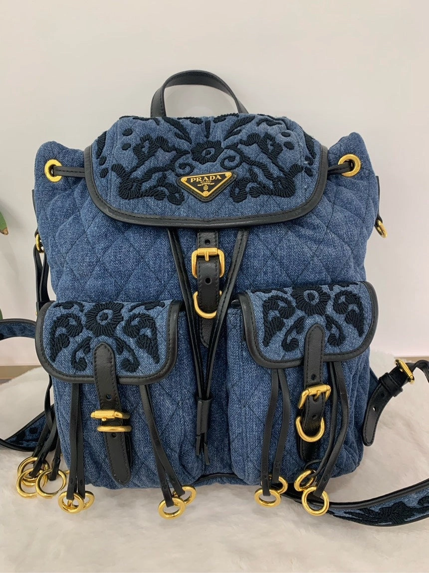Prada Denim Embroidered Backpack Blue Leather