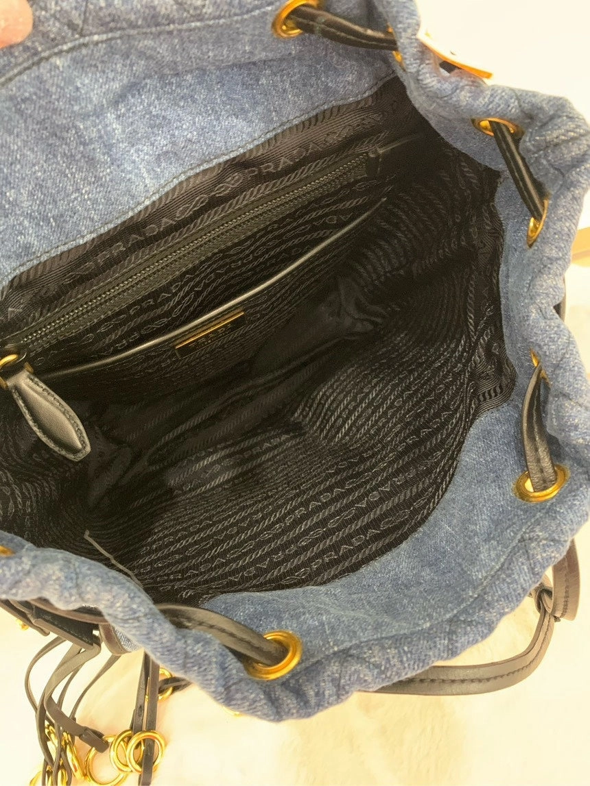 Prada Denim Embroidered Backpack Blue Leather