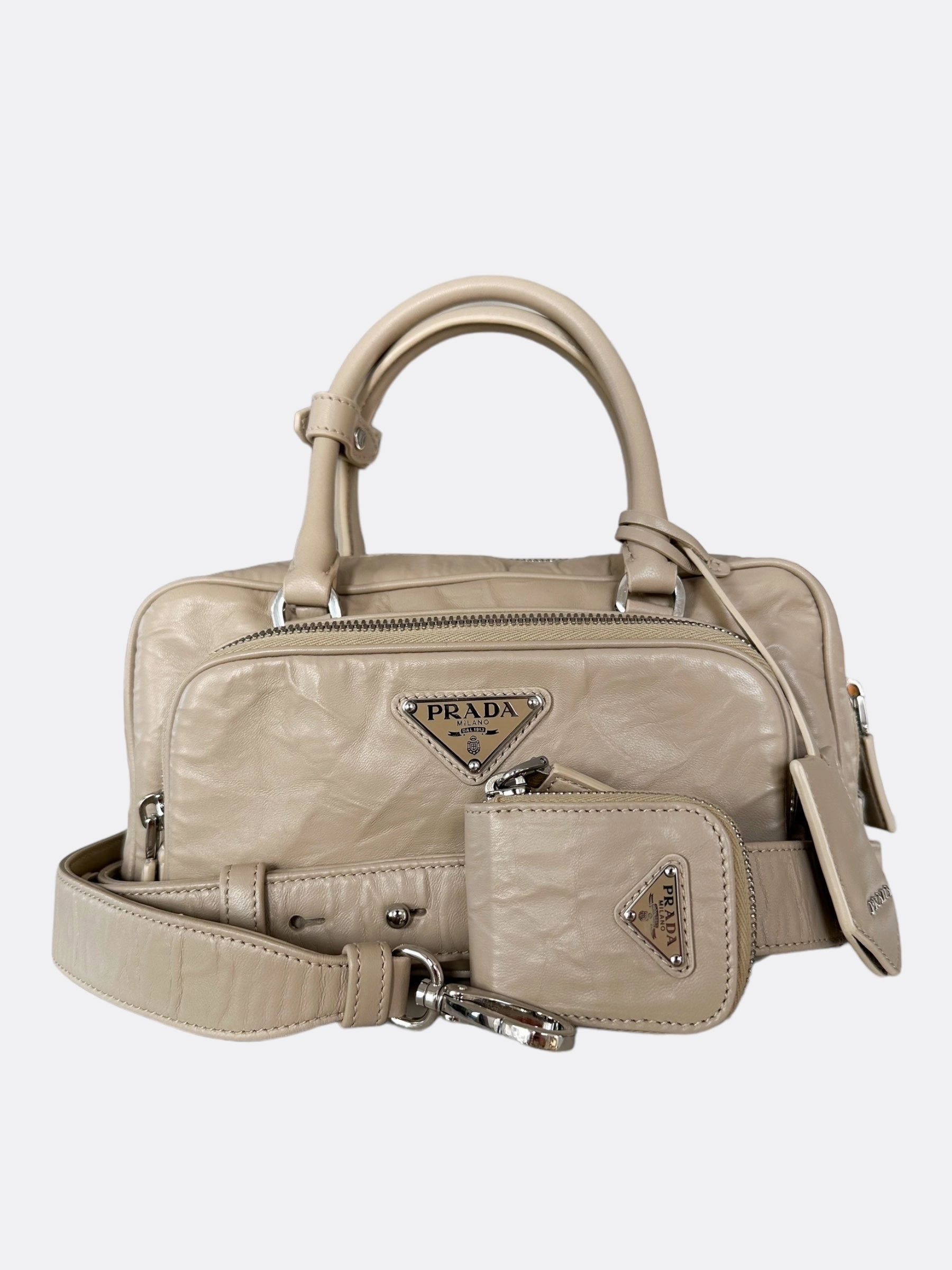 Prada Desert Beige Nappa Leather Multi Pocket Top Handle Bag