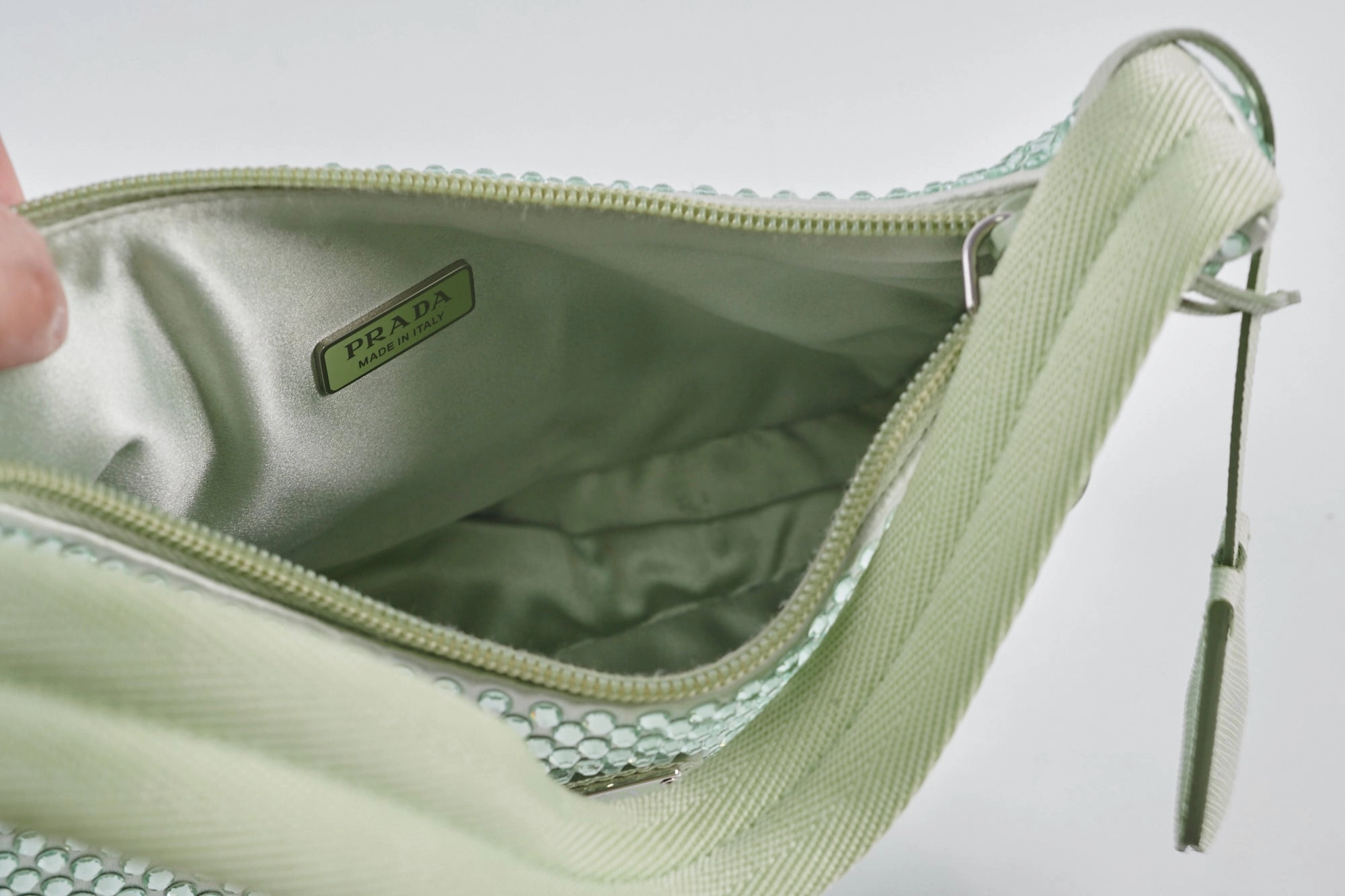 Prada Mint Green Satin Mini Crystal Studded Re-Edition 2000 Shoulder Bag