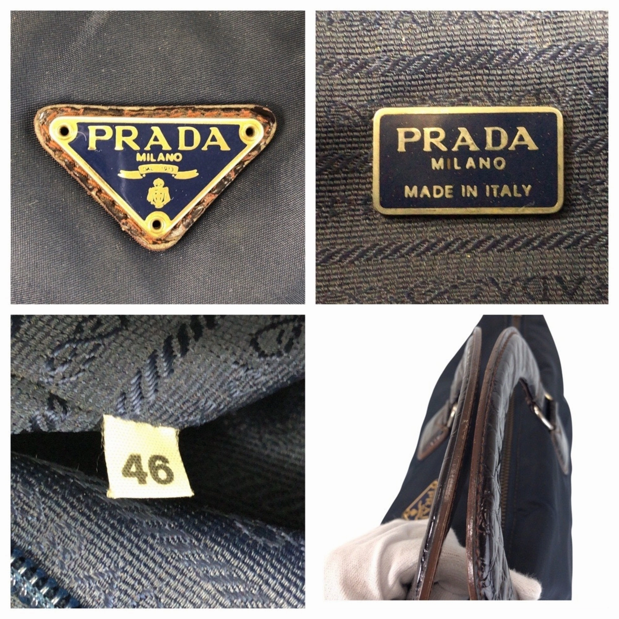 Prada Navy Nylon Leather Handbag Tote Bag (Pre-Owned)