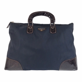 Prada Navy Nylon Leather Handbag Tote Bag (Pre-Owned)