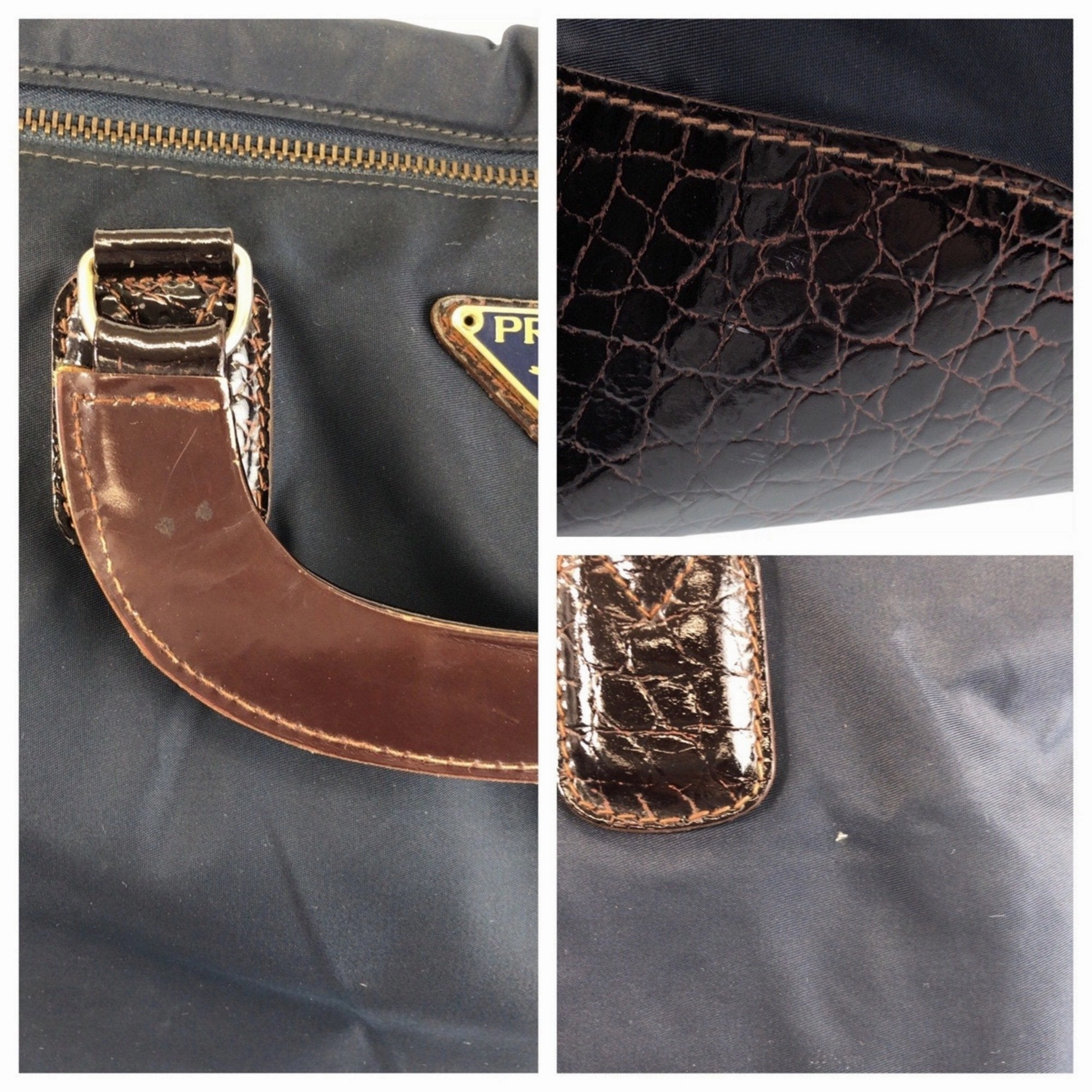 Prada Navy Nylon Leather Handbag Tote Bag (Pre-Owned)