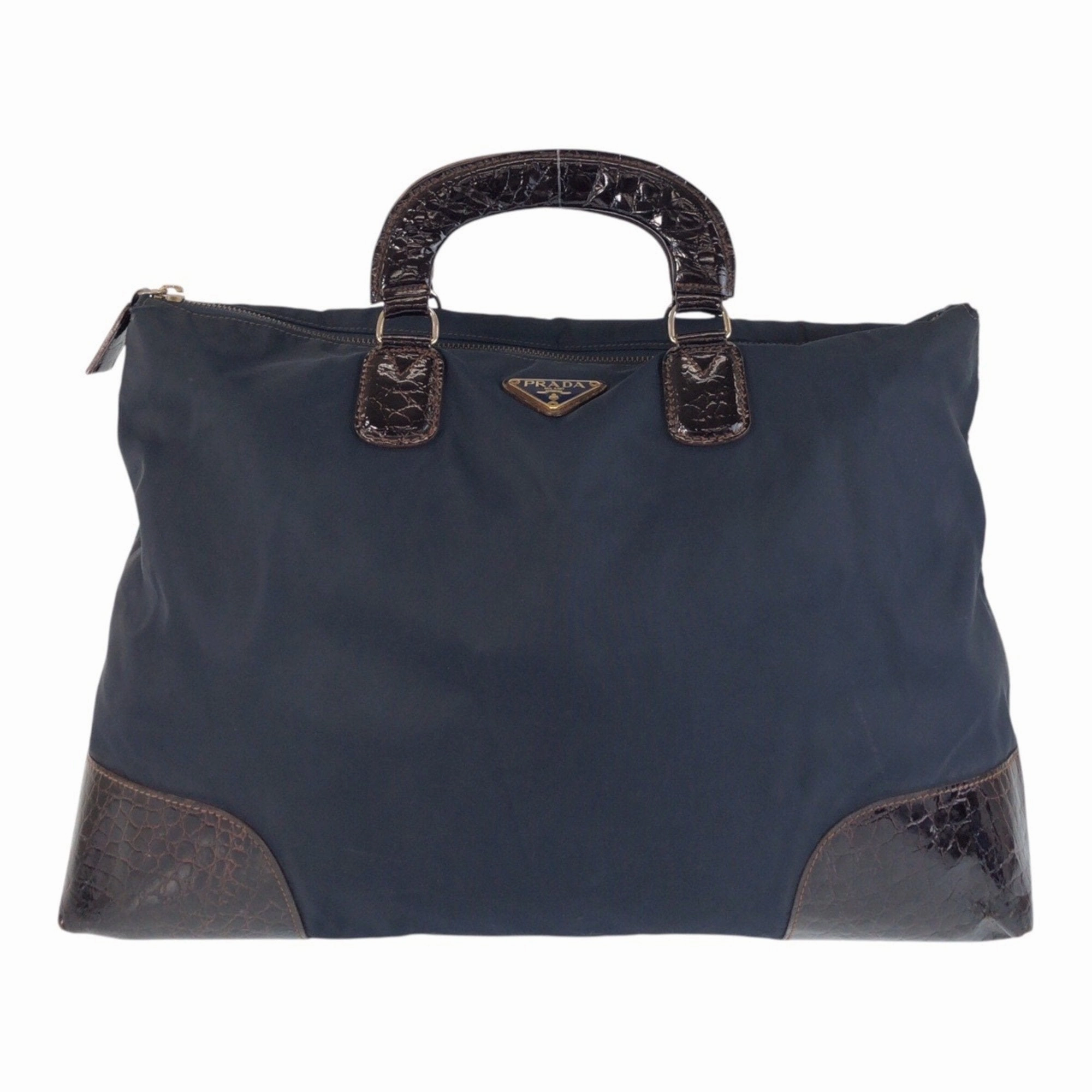 Prada Navy Nylon Leather Handbag Tote Bag (Pre-Owned)