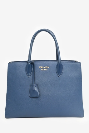 Prada Navy Saffiano Leather Bibliothque Handle Bag with Strap