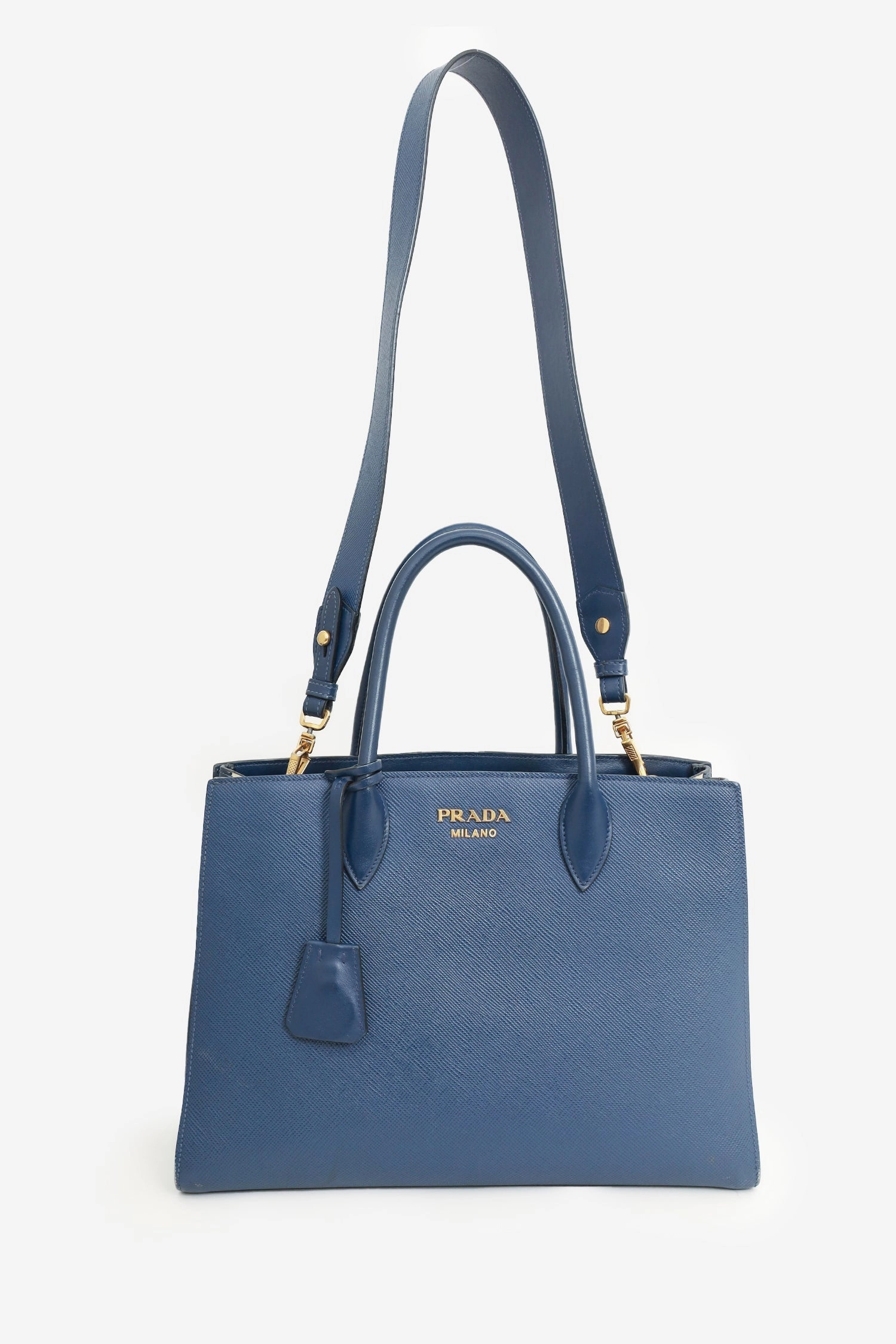 Prada Navy Saffiano Leather Bibliothque Handle Bag with Strap