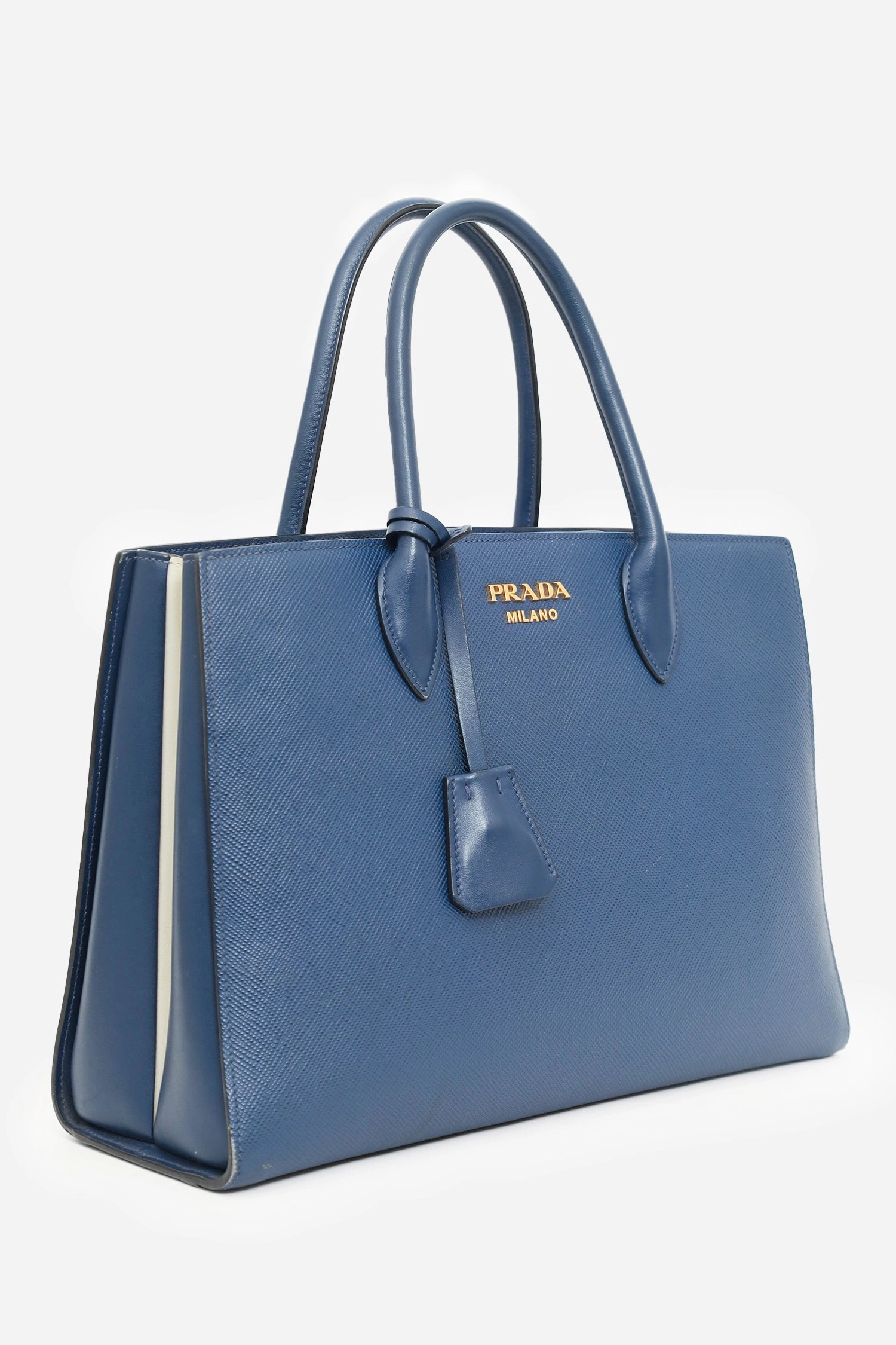 Prada Navy Saffiano Leather Bibliothque Handle Bag with Strap
