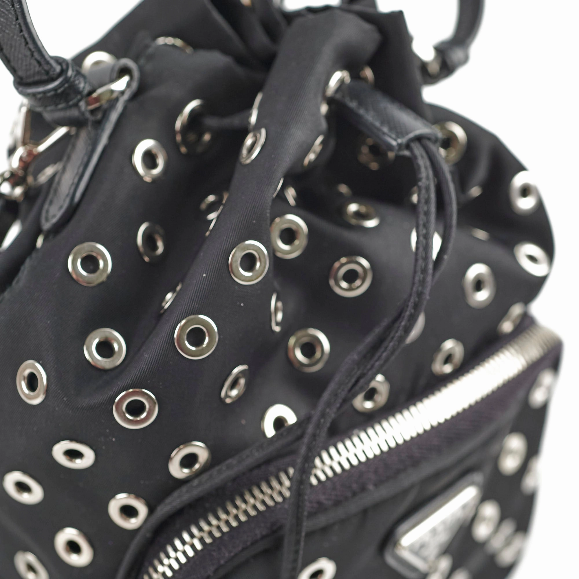 Prada Tessuto Nylon Saffiano Grommets Mini Bucket Crossbody Black
