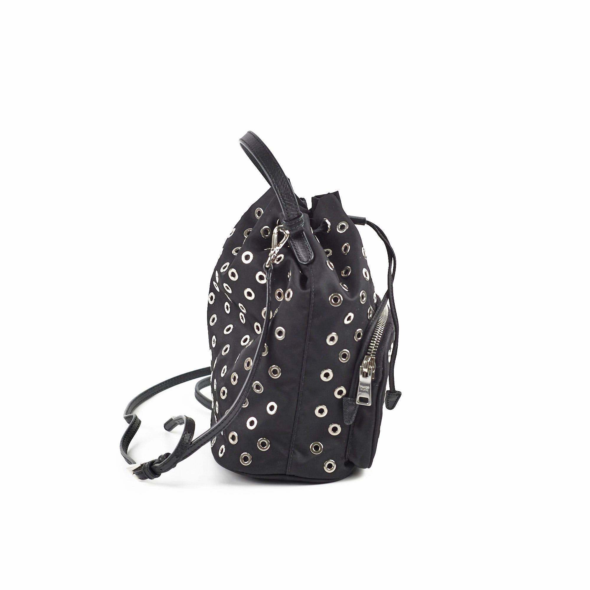 Prada Tessuto Nylon Saffiano Grommets Mini Bucket Crossbody Black