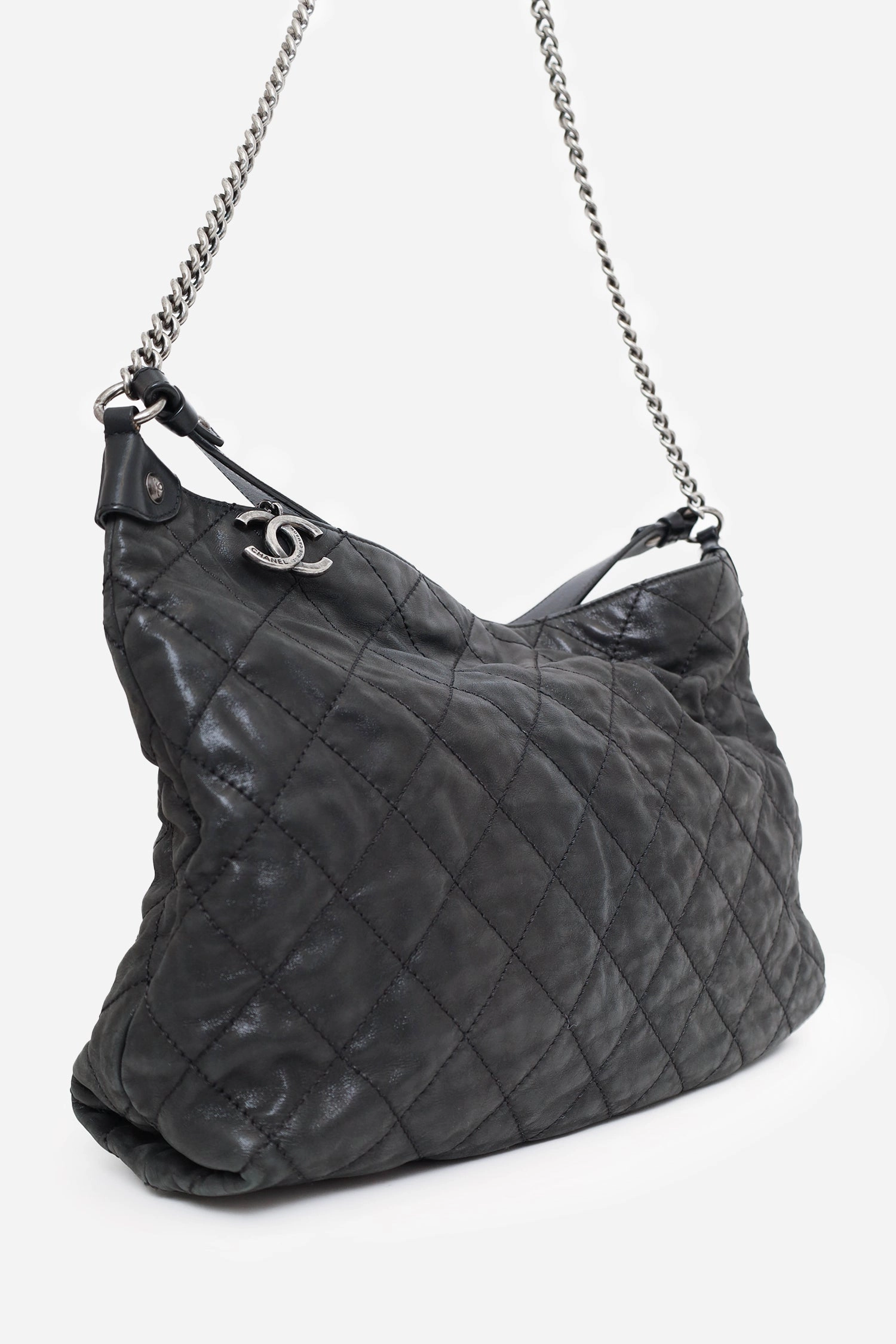 Pre-Loved Chanel 2012 Black Irridescent Leather Coco Daily Hobo Shoulder Bag