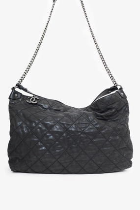 Pre-Loved Chanel 2012 Black Irridescent Leather Coco Daily Hobo Shoulder Bag