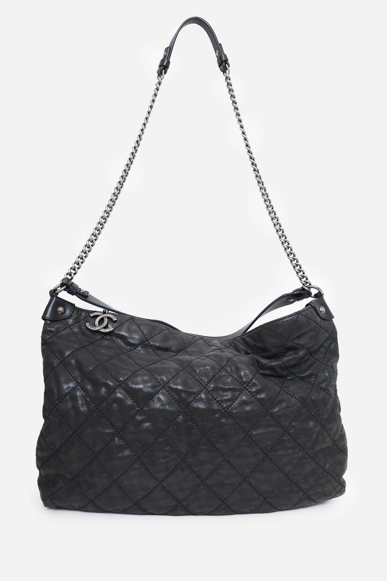 Pre-Loved Chanel 2012 Black Irridescent Leather Coco Daily Hobo Shoulder Bag
