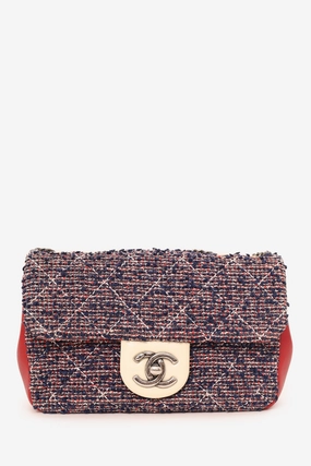 Pre-Loved Chanel 2016-17 Navy/Red Tweed Mini Single Flap Bag
