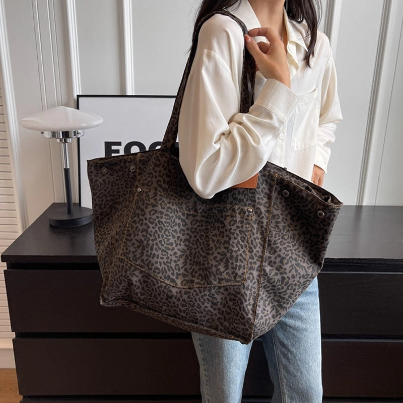 Retro Leopard Print Canvas Large Casual Tote Bag