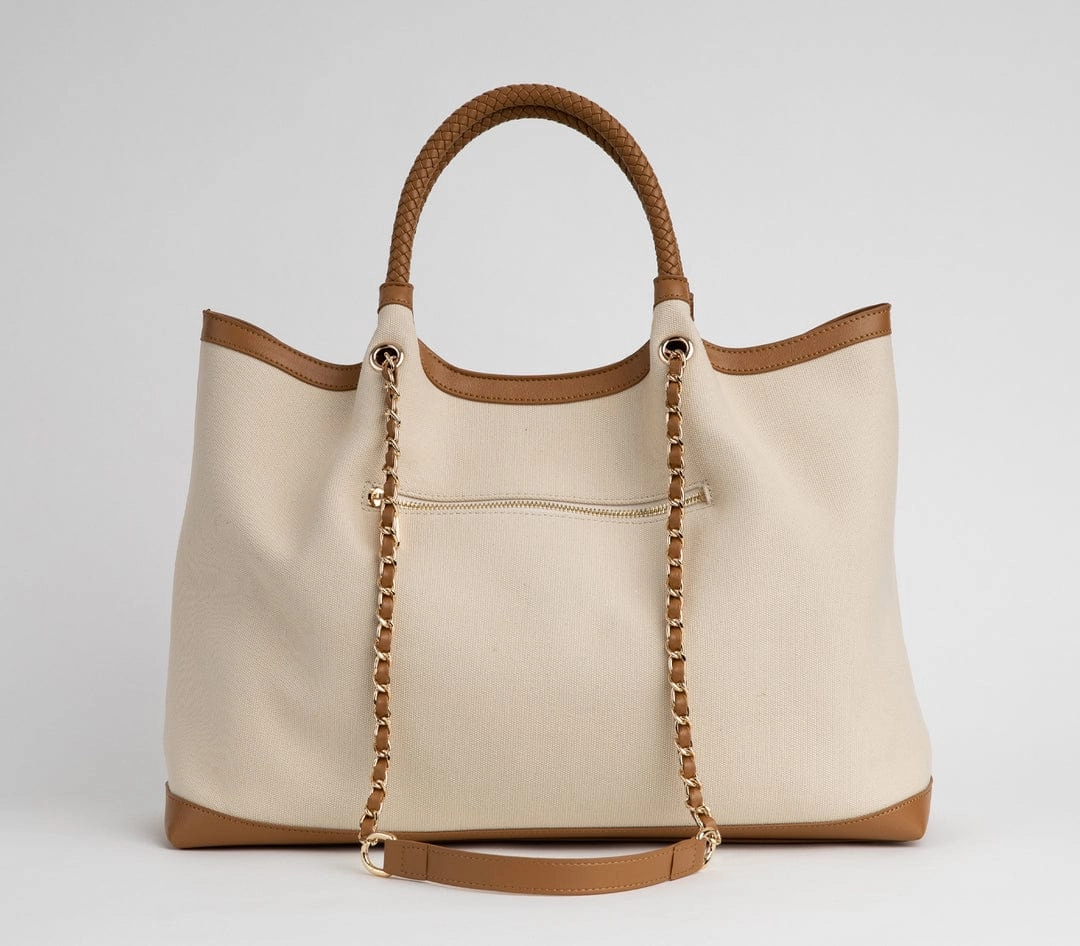 Ruth Slogan Canvas Vegan Tote | Off White & Tan