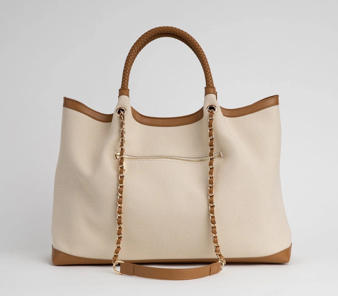 Ruth Slogan Canvas Vegan Tote | Off White & Tan