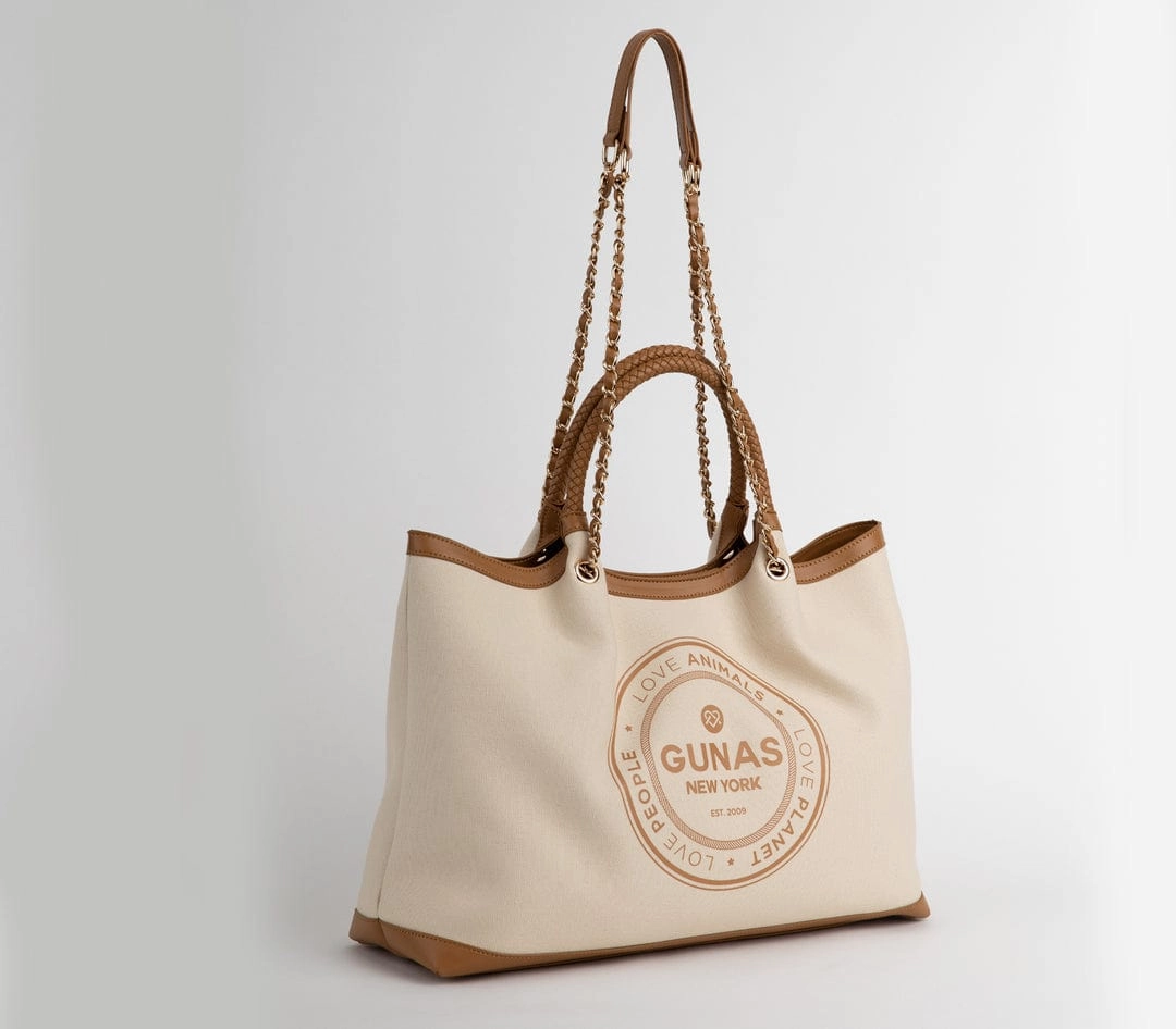 Ruth Slogan Canvas Vegan Tote | Off White & Tan