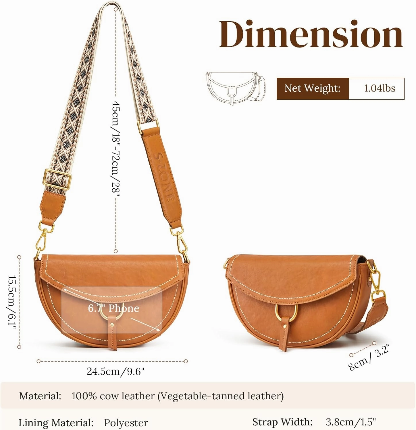 S-ZONE Crossbody Bags for Women Top Grain Leather Shoulder Bag Small Cross Body Purse with Adjustable Wide Strap