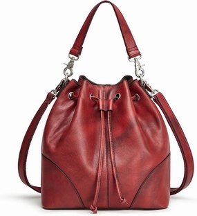 S-ZONE Genuine Leather Bucket Bags for Women Drawstring Crossbody Purses Shoulder Top Handle Handbags with 2 Straps