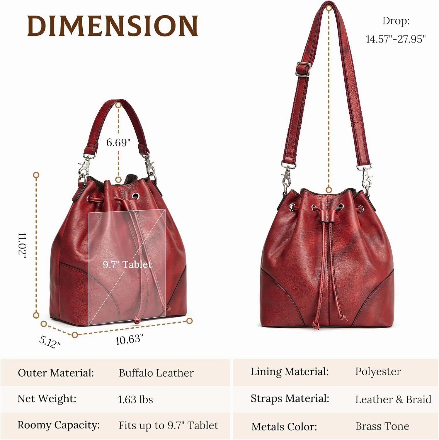 S-ZONE Genuine Leather Bucket Bags for Women Drawstring Crossbody Purses Shoulder Top Handle Handbags with 2 Straps
