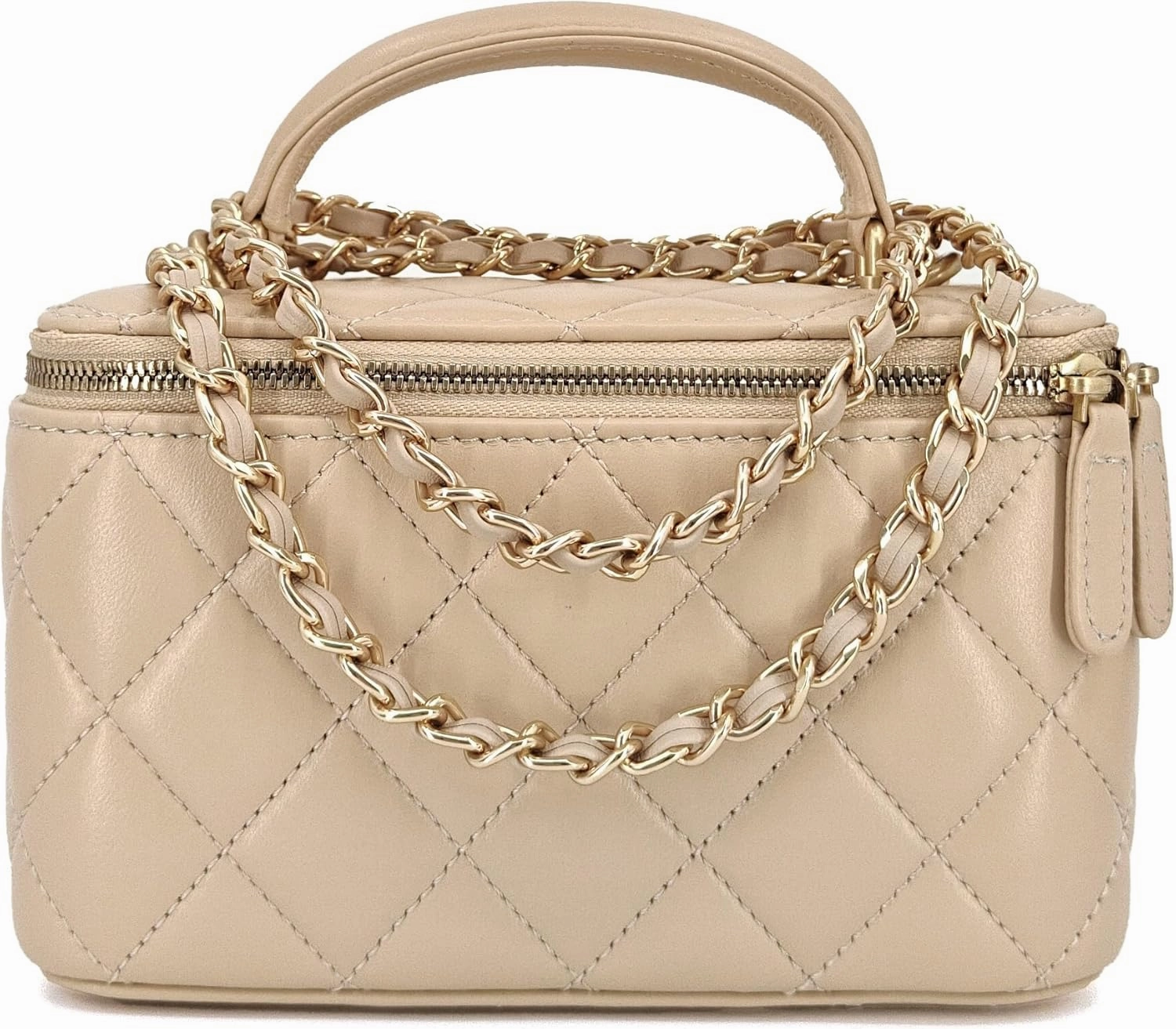 Small Genuine Leather Purse Quilted Crossbody Bag for Women, Mini Top-Handle Shoulder Handbag w/Gold Chain Strap