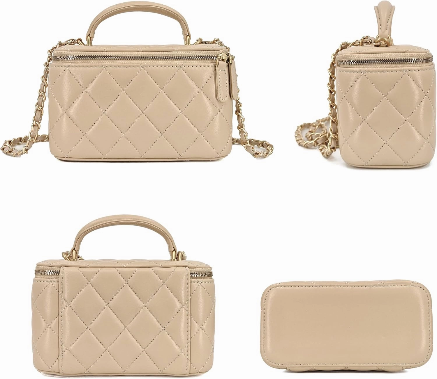 Small Genuine Leather Purse Quilted Crossbody Bag for Women, Mini Top-Handle Shoulder Handbag w/Gold Chain Strap