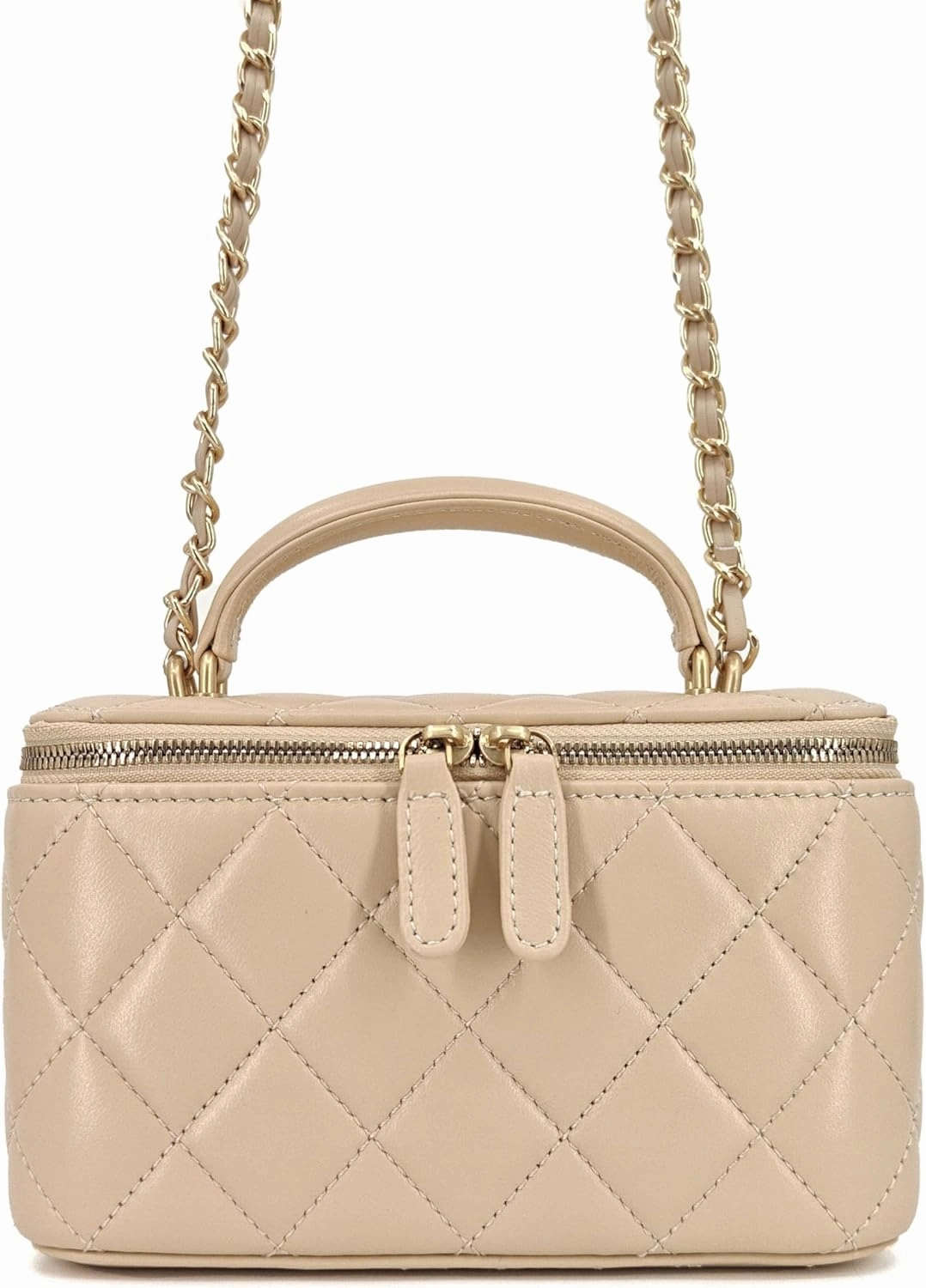 Small Genuine Leather Purse Quilted Crossbody Bag for Women, Mini Top-Handle Shoulder Handbag w/Gold Chain Strap