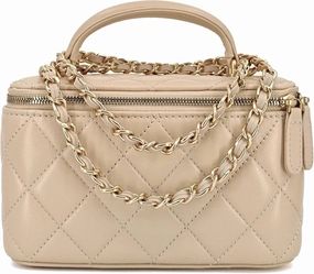 Small Genuine Leather Purse Quilted Crossbody Bag for Women, Mini Top-Handle Shoulder Handbag w/Gold Chain Strap