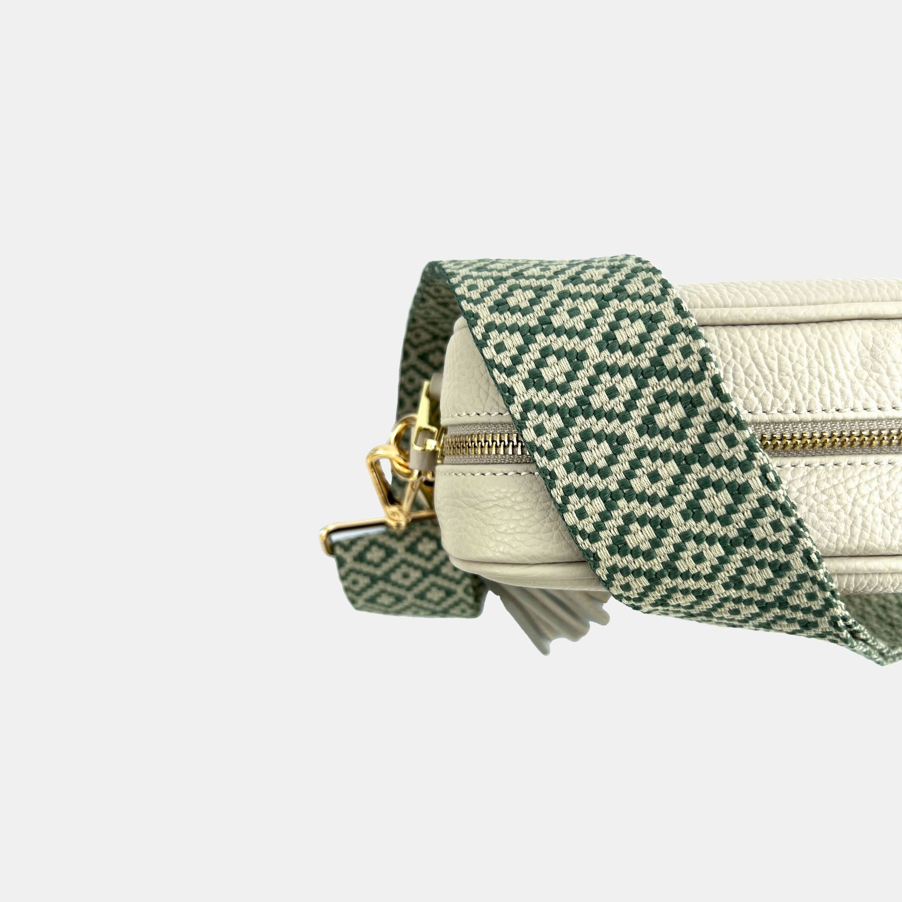 Stone Leather Crossbody Bag With Pistachio Cross-Stitch Strap