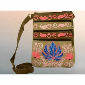 Suede Embroidered Taupe And Blue Five Zipper Crossbody Bag