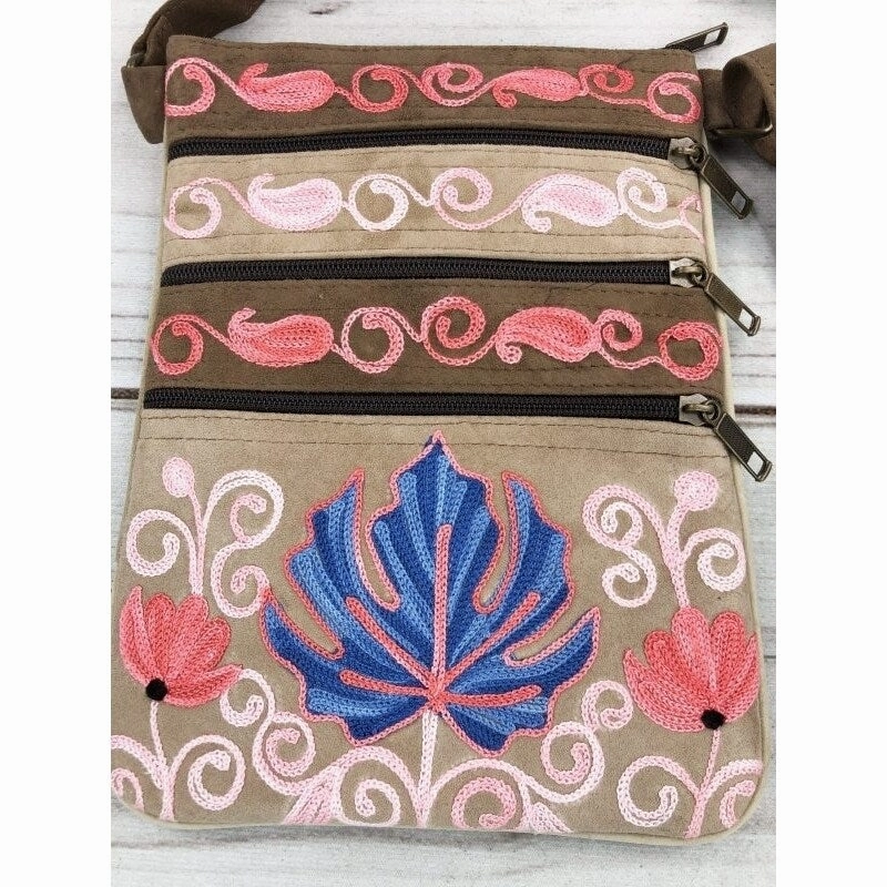 Suede Embroidered Taupe And Blue Five Zipper Crossbody Bag