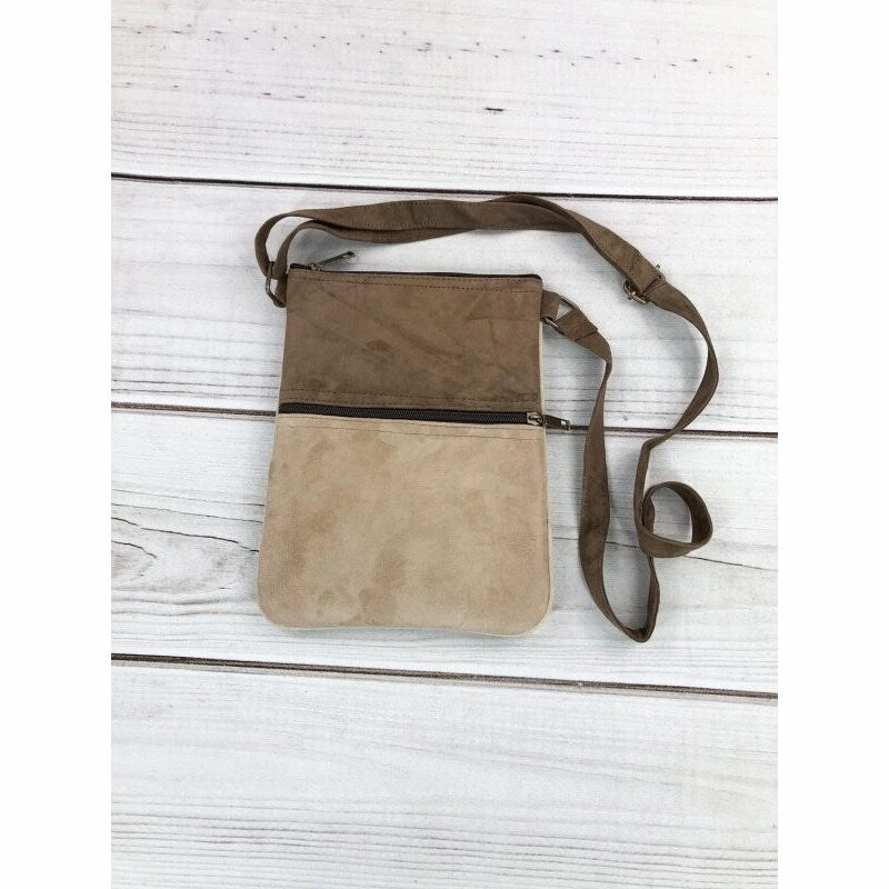 Suede Embroidered Taupe And Blue Five Zipper Crossbody Bag