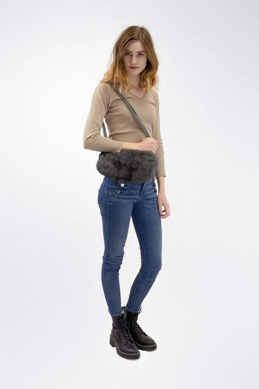 surell - Luxurious Rabbit Fur Handmuff Bag - Pleather Fluffy Muff Bag w Long Strap