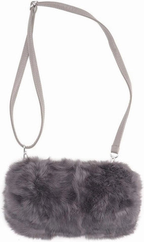 surell - Luxurious Rabbit Fur Handmuff Bag - Pleather Fluffy Muff Bag w Long Strap