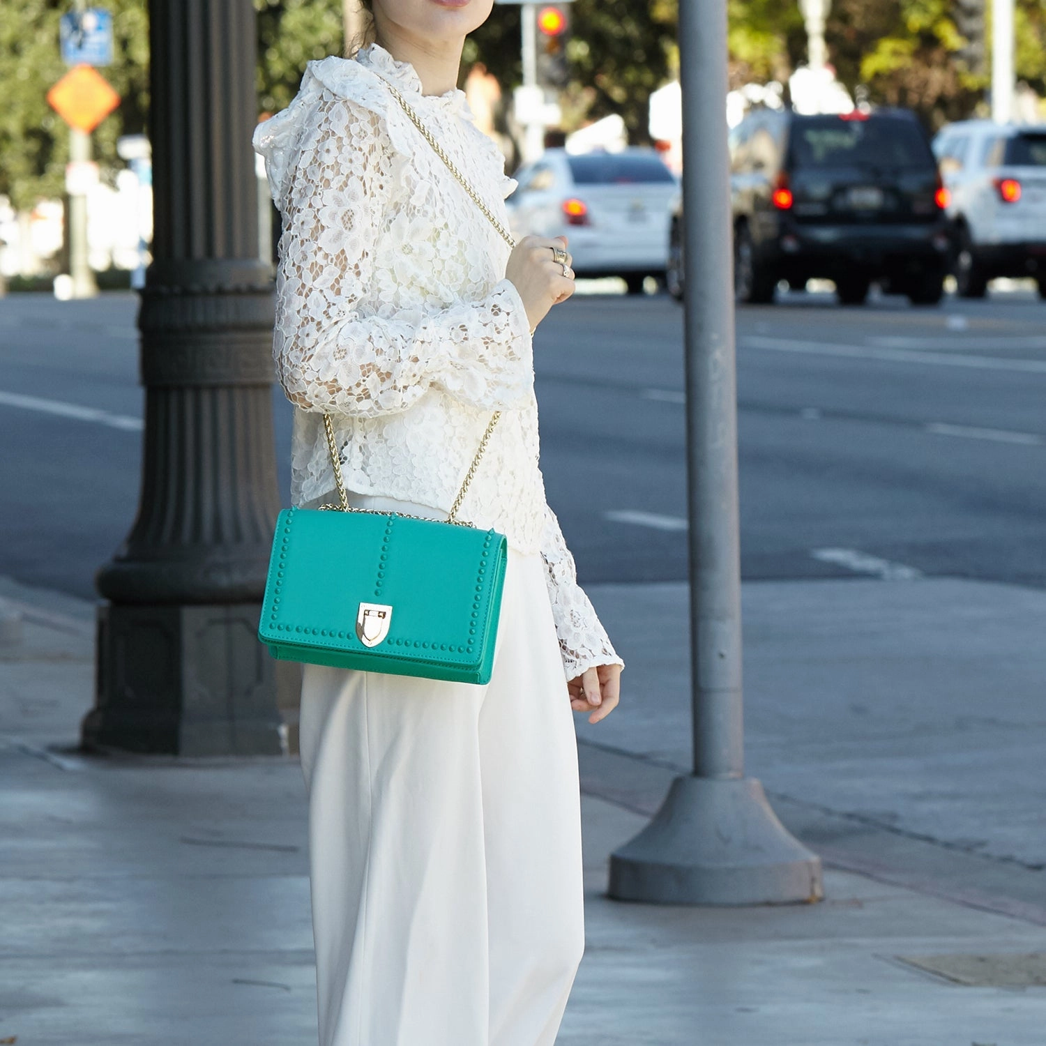 SUSU Josie Green Leather Shoulder Bag With Chain Strap