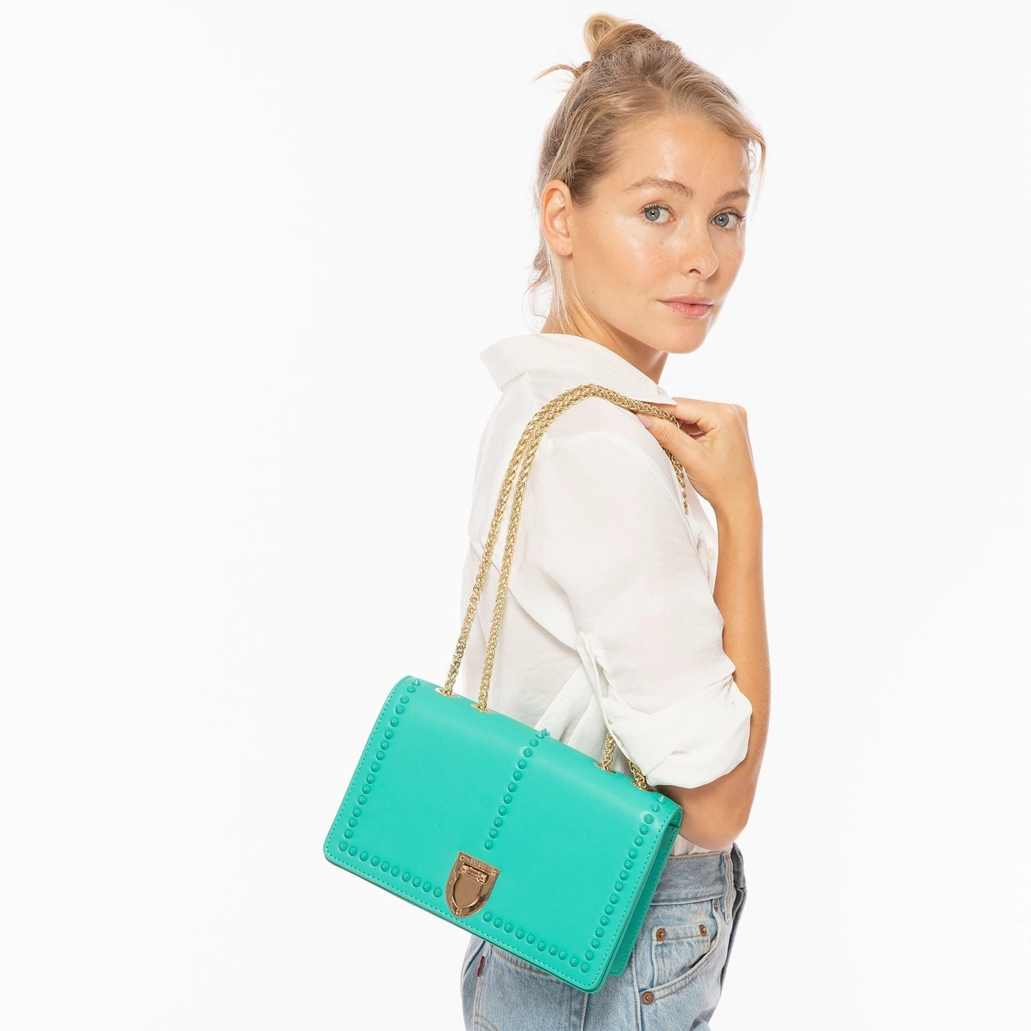 SUSU Josie Green Leather Shoulder Bag With Chain Strap