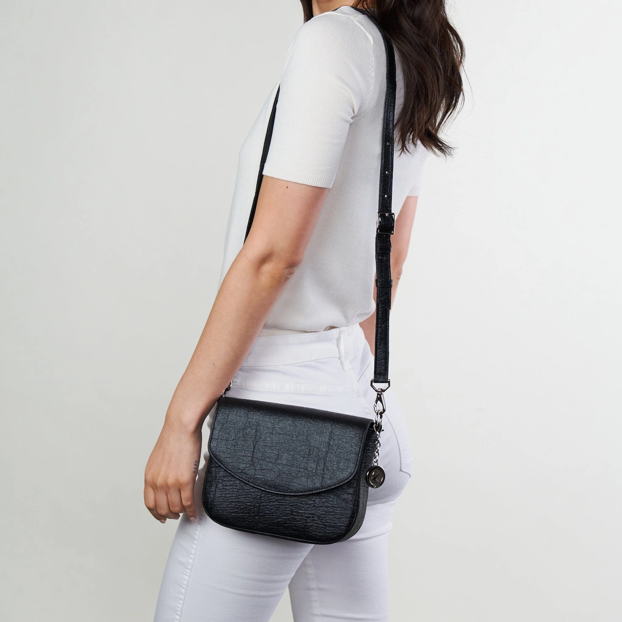 Tashi Pinatex Vegan Leather Shoulder & Crossbody Bag | Metallic Black