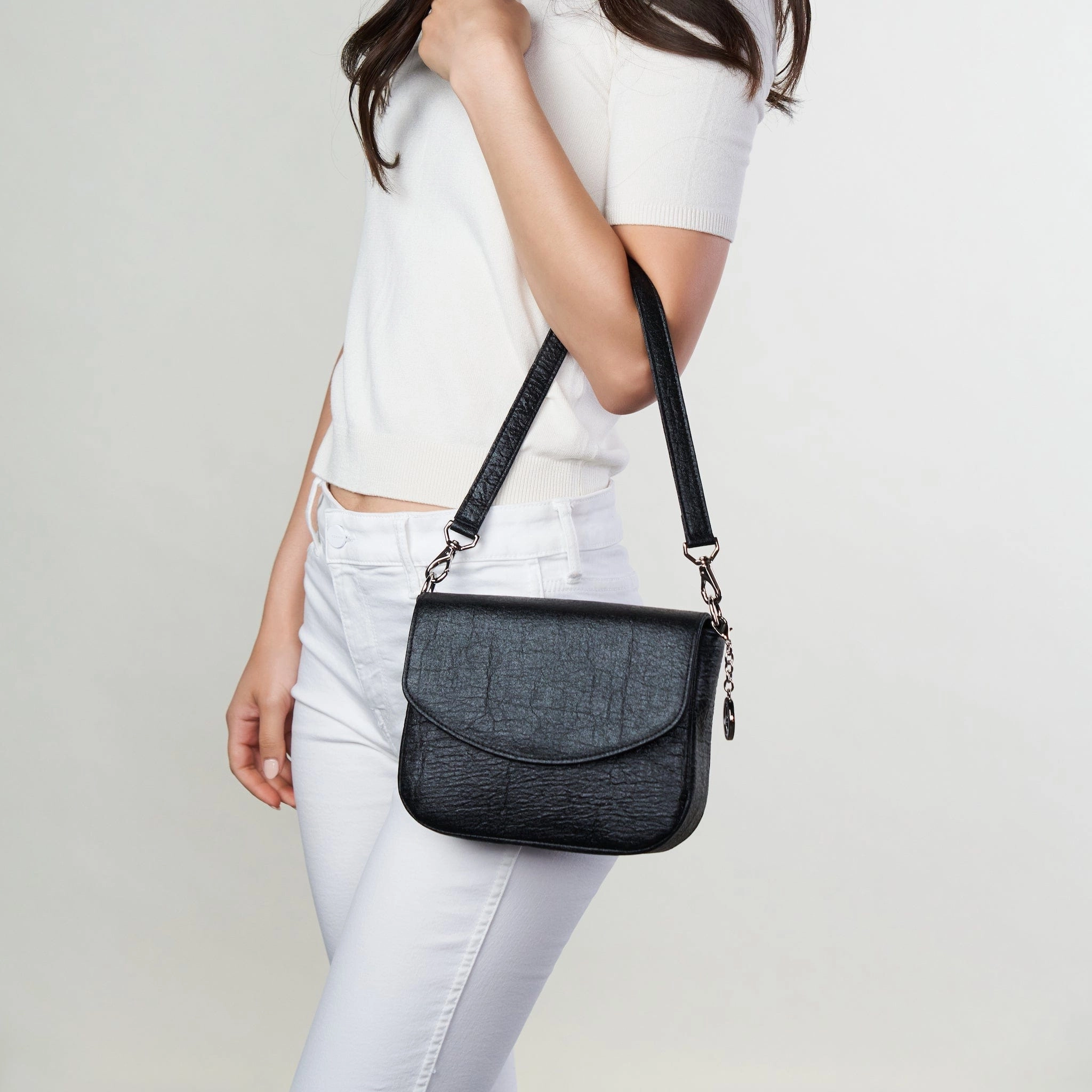Tashi Pinatex Vegan Leather Shoulder & Crossbody Bag | Metallic Black