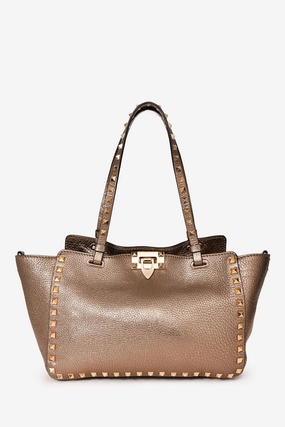 Valentino Bronze Leather Small Rockstud Trapeze Tote