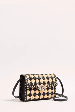 Valentino Garavani Rockstud Small Shoulder Bag In Embroidered Synthetic Raffia