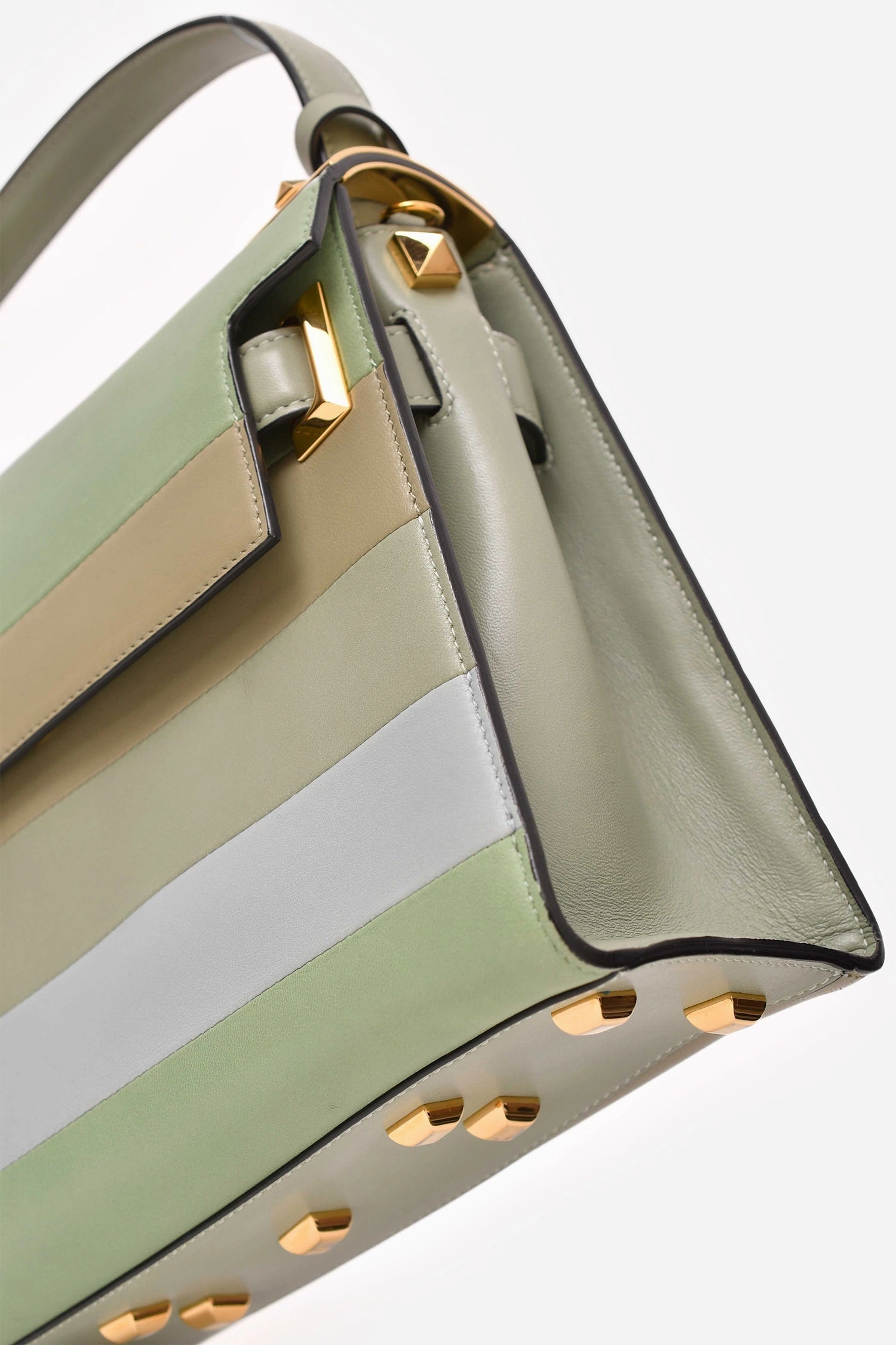 Valentino Green/ Light Blue Leather Striped Patch My Rockstud Top Handle Bag