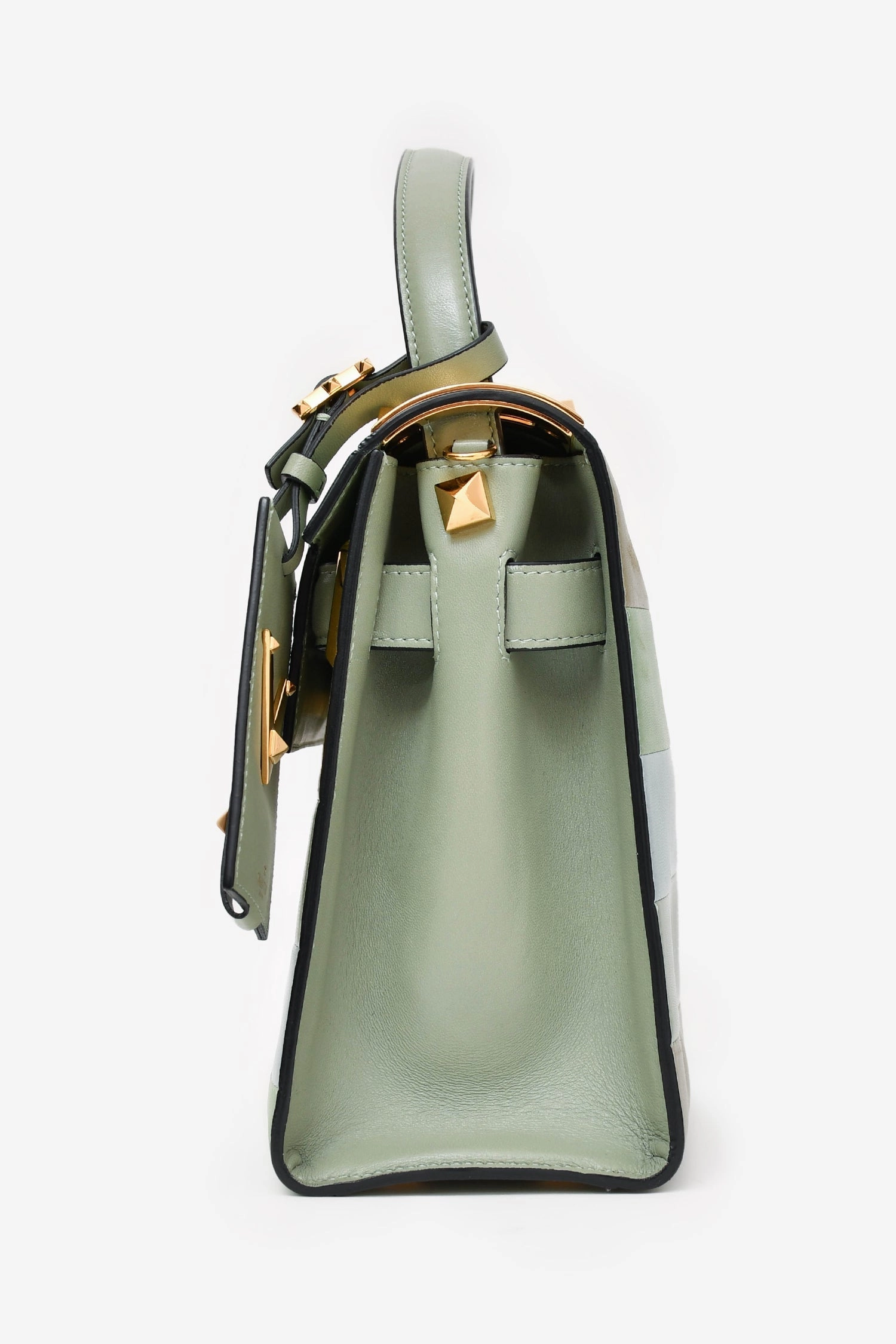 Valentino Green/ Light Blue Leather Striped Patch My Rockstud Top Handle Bag